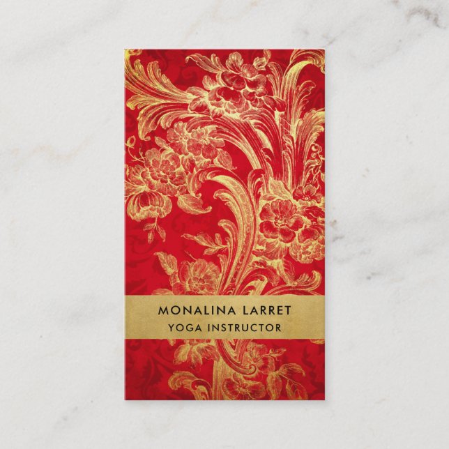 Modern Elegant Gold Flourish Red Damask Pattern  Business Card (Front)