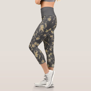 Modern Elegant Gold Flowers on Dark Grey Capri Leggings