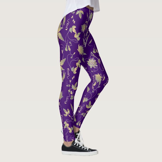 Modern Elegant Gold Flowers Royal Purple Leggings (Right)