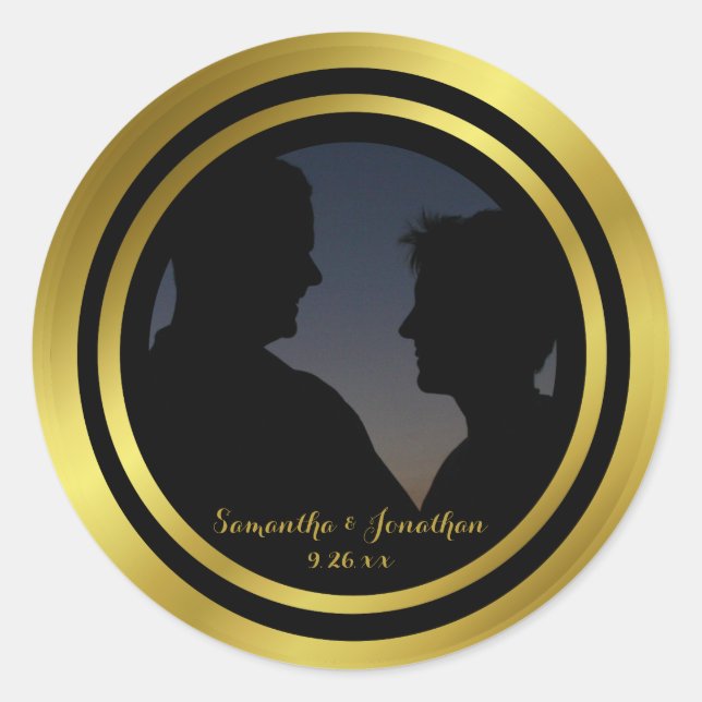 Modern Elegant Gold Foil Photo Wedding Engagement Classic Round Sticker (Front)