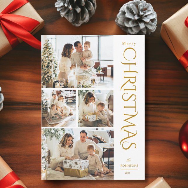 Modern Elegant Gold Four Photo Collage Christmas  Holiday Card (Creator Uploaded)
