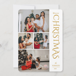 Modern Elegant Gold Four Photo Collage Christmas Holiday Card