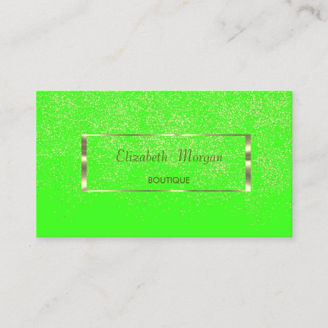 Modern Elegant,Gold Frame,Confetti Neon Green Business Card (Front)