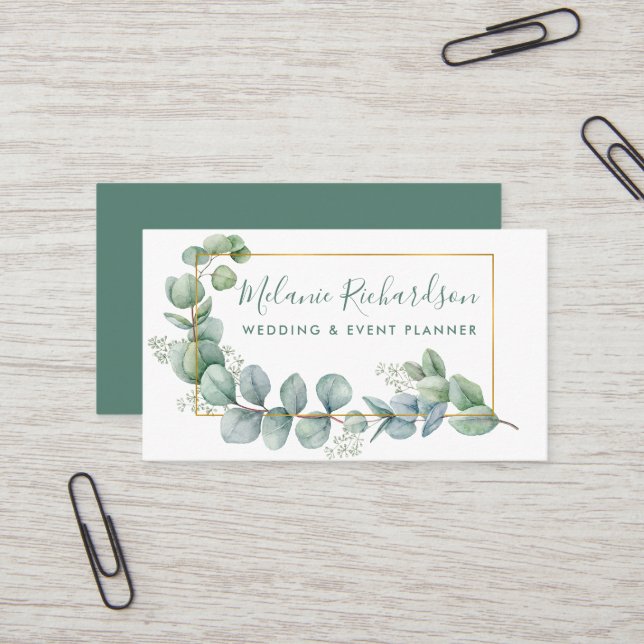 Modern Elegant Gold Frame Eucalyptus Leaves Business Card (Front/Back In Situ)
