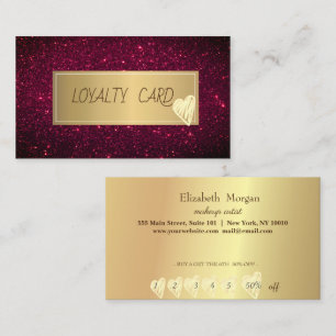 Modern Elegant Gold Frame, Hearts Red Glitter Loyalty Card