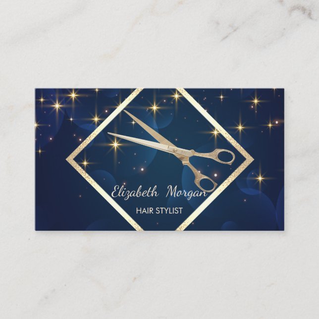 Modern Elegant  ,Gold Frame,Navy Blue,Scissors Business Card (Front)