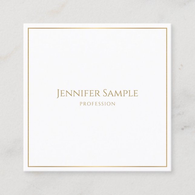 Modern Elegant Gold Frame Text White Template Square Business Card (Front)
