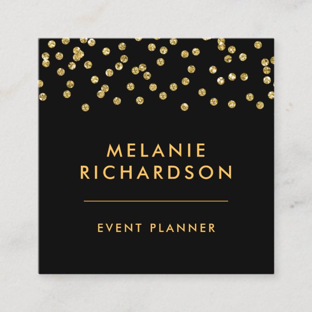 Modern Elegant Gold Glitter and Black Square Business Card (Front)