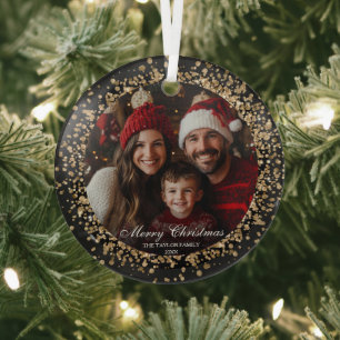 Modern Elegant Gold Glitter Christmas Family Photo Glass Tree Decoration