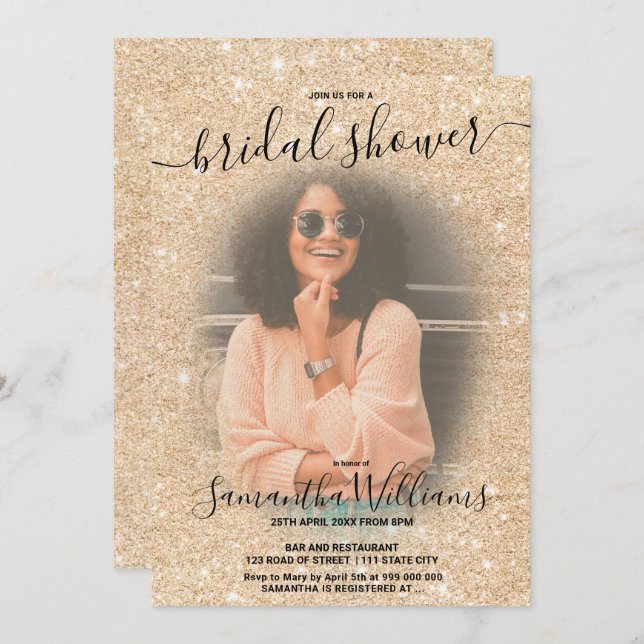 Modern elegant gold glitter photo bridal shower invitation (Front/Back)