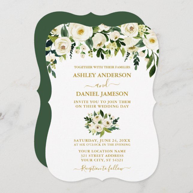 Modern Elegant Gold Green White Floral Wedding Invitation (Front/Back)
