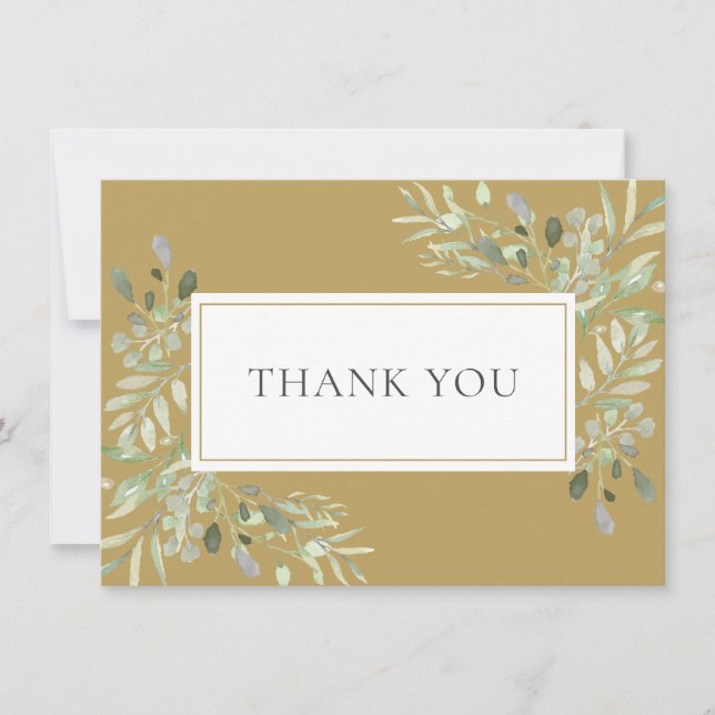 Modern Elegant Gold Greenery Foliage Thank You Card (Front)