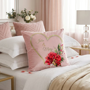 Modern Elegant Gold Heart And Roses Blush Pink Cushion