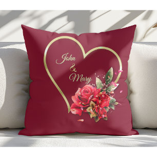 Modern Elegant Gold Heart And Roses Red Cushion