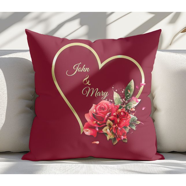 Modern Elegant Gold Heart And Roses Red Cushion (Creator Uploaded)