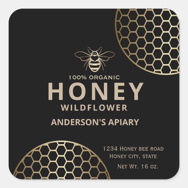 Modern elegant  gold honey bee honey comb  square sticker (Front)
