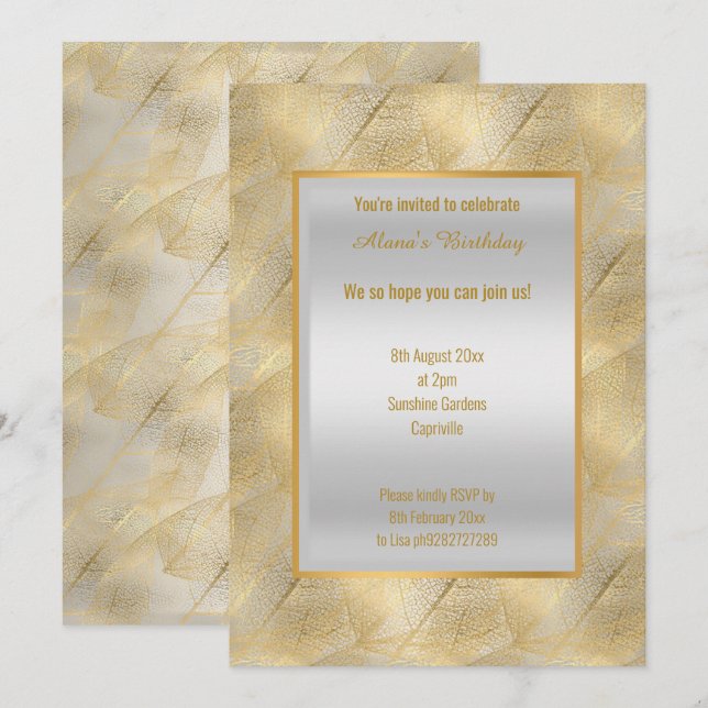 MODERN ELEGANT GOLD LEAF BLACK ALL OCCASION INVITATION (Front/Back)