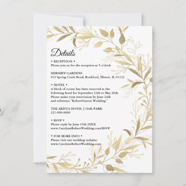 Modern Elegant Gold Leaf Wedding Details Invitatio Invitation (Front)