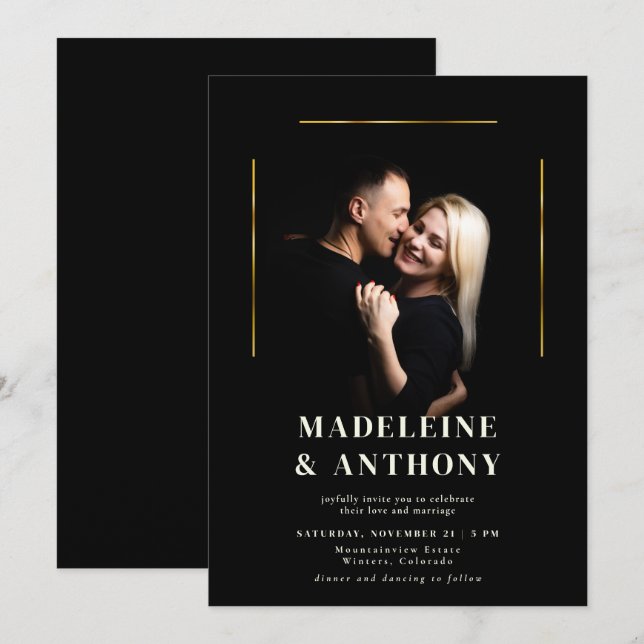Modern Elegant Gold Lines Simple Photo Wedding Invitation (Front/Back)