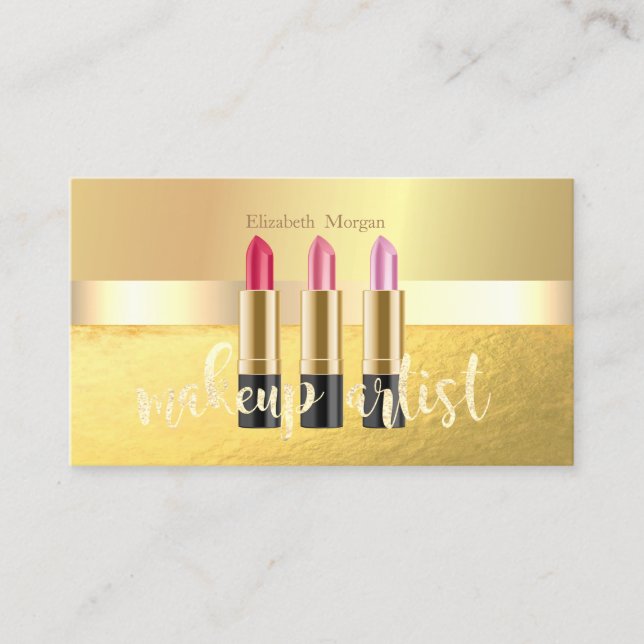 Modern Elegant  Gold,Lipstick,Makeup Artist Business Card (Front)