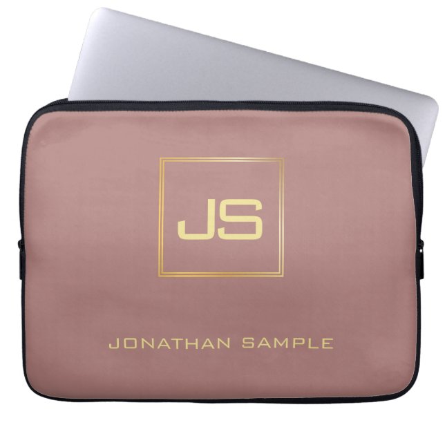 Modern Elegant Gold Monogram Template Brown Laptop Sleeve (Front)