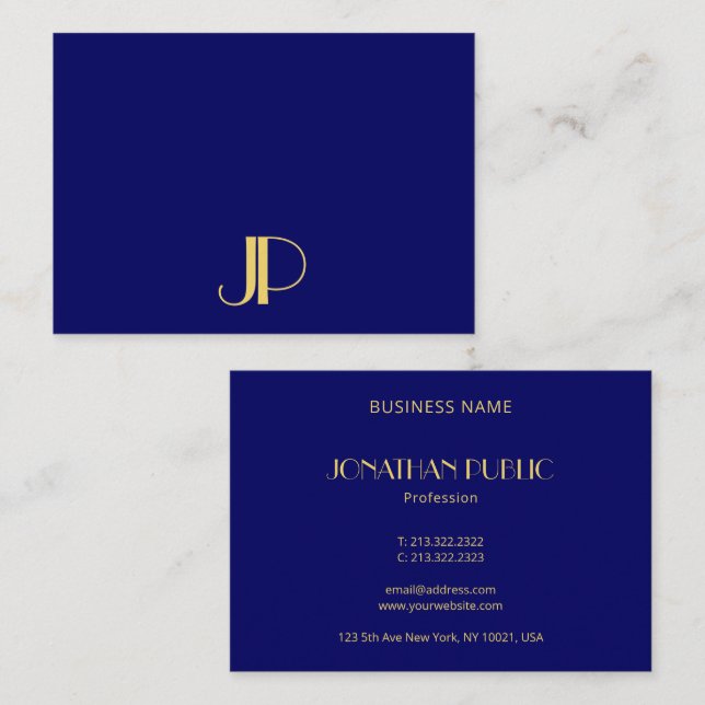 Modern Elegant Gold Monogram Template Navy Blue Business Card (Front/Back)