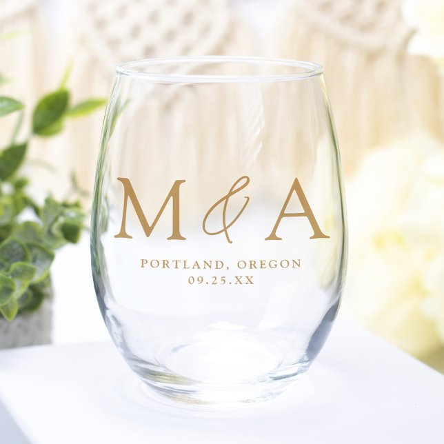 Modern Elegant Gold Monogram Wedding Favour Stemless Wine Glass (Creator Uploaded)