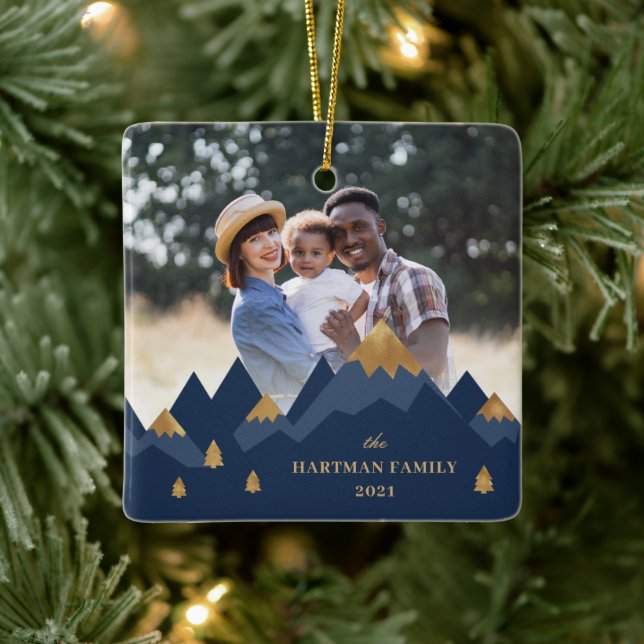Modern Elegant Gold Mountains Photo Christmas Ceramic Ornament (Tree)