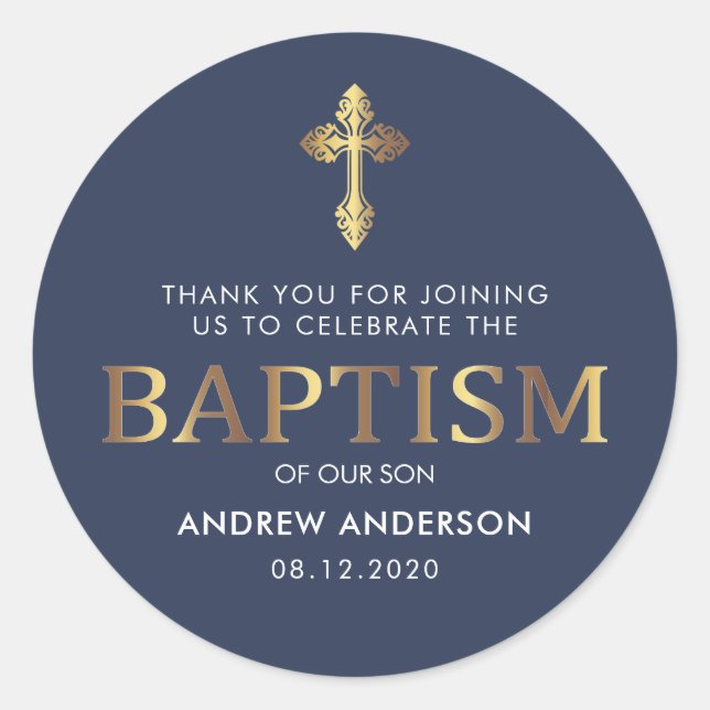 Modern Elegant Gold & Navy Blue Baptism Thank You Classic Round Sticker (Front)