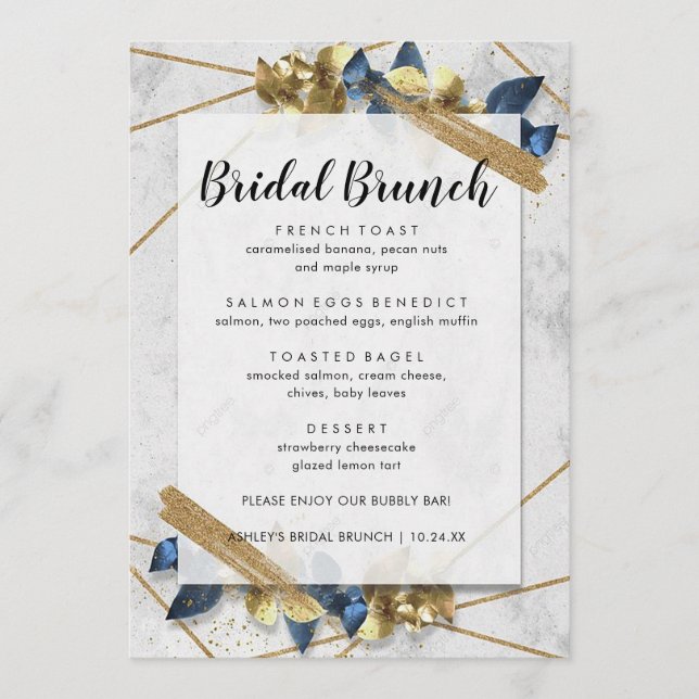 Modern Elegant Gold Navy Bridal Brunch Menu (Front)