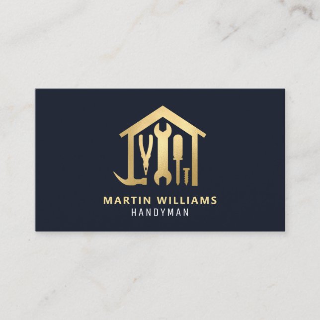 Modern Elegant Gold & Navy Handyman Business Card (Front)