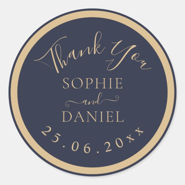  Modern Elegant Gold Navy Wedding Thank You Classic Round Sticker (Front)