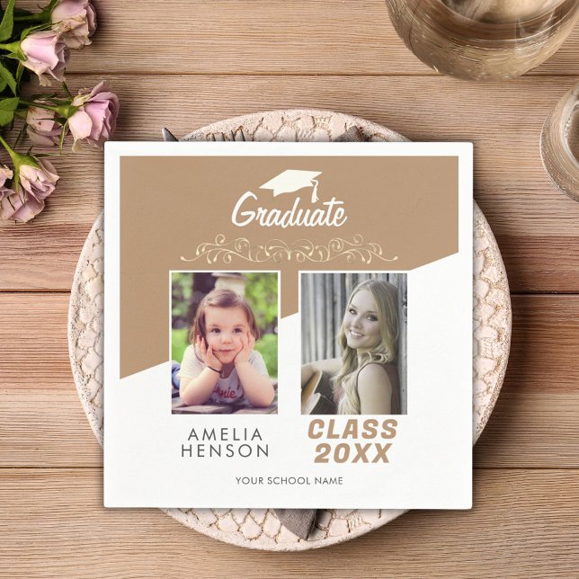 Modern Elegant Gold Ornament 2 Photo Graduation Napkin (Creator Uploaded)