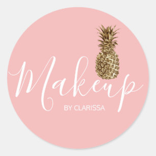Modern elegant gold pineapple pink makeup classic round sticker
