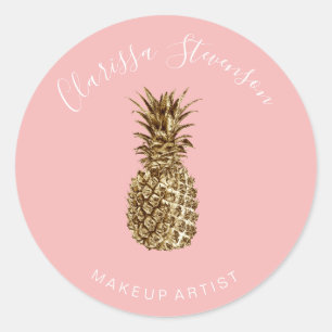 Modern elegant gold pineapple pink makeup classic round sticker