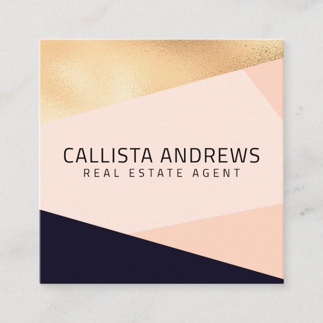 Modern Elegant Gold Pink Navy Geometric Square Business Card (Front)