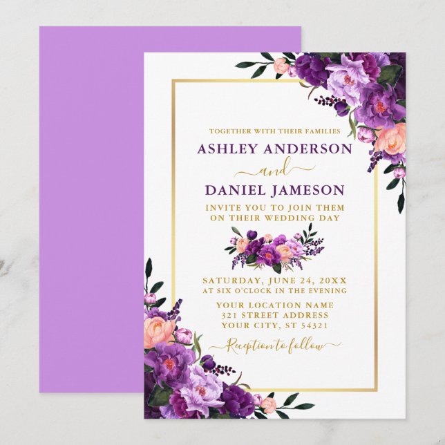 Modern Elegant Gold Purple Floral Wedding Invitation (Front/Back)