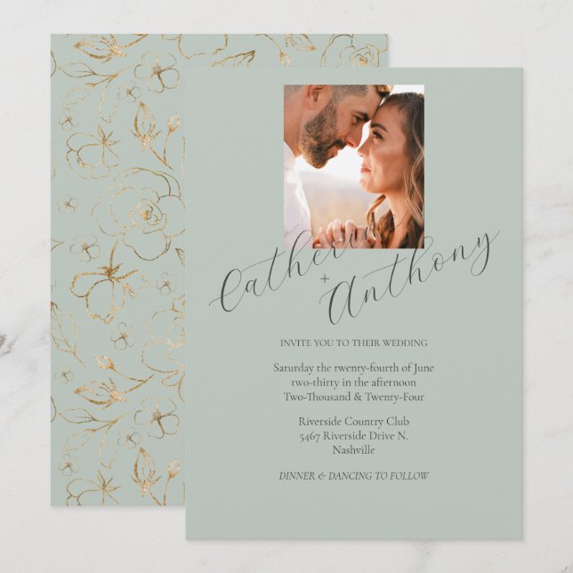 Modern Elegant Gold Sage Green Photo Wedding  Invitation (Front/Back)