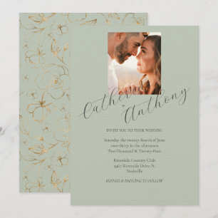 Modern Elegant Gold Sage Green Photo Wedding  Invitation