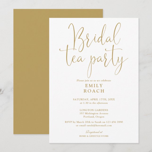 Modern Elegant Gold Script Bridal Tea Party Shower Invitation (Front/Back)