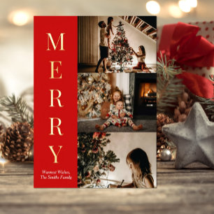 Modern Elegant Gold Script Merry Christmas Photo Foil Holiday Card