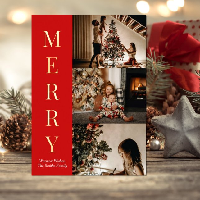 Modern Elegant Gold Script Merry Christmas Photo Foil Holiday Card (Creator Uploaded)