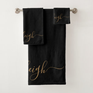 Modern Elegant Gold Script Name Black Bath Towel Set