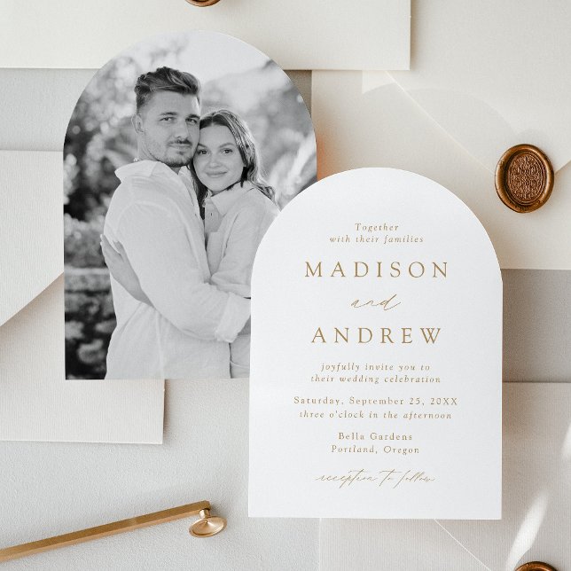 Modern Elegant Gold Script Photo Arch Wedding Invitation (Creator Uploaded)