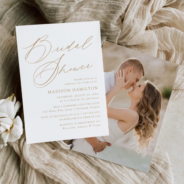 Modern Elegant Gold Script Photo Bridal Shower Invitation (Creator Uploaded)
