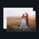 Modern Elegant Gold Script Photo Overlay Wedding  Thank You Card<br><div class="desc">Modern Classic Stylish gold script wedding thank you postcard template featuring a full vertical photo on the front with the text "Thank You" in a swirly hand lettered typography swash tail font script in faux gold foil overlay on the picture. Easy to personalise the custom name and thank you essage...</div>