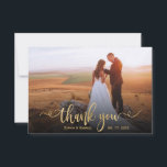 Modern Elegant Gold Script Photo Overlay Wedding  Thank You Card<br><div class="desc">Modern Classic Stylish gold script wedding thank you postcard template featuring a full vertical photo on the front with the text "Thank You" in a swirly hand lettered typography swash tail font script in faux gold foil overlay on the picture. Easy to personalise the custom name and thank you essage...</div>