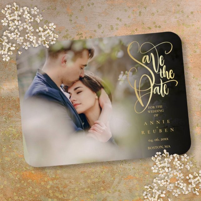 Modern Elegant Gold Script Photo Save the Date Magnet (Modern Elegant Gold Script Photo Save the Date Magnet)