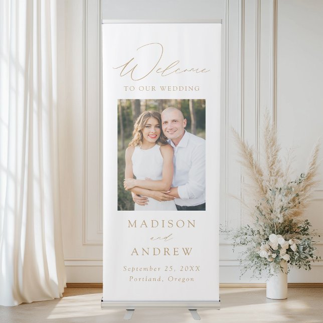 Modern Elegant Gold Script Photo Wedding Welcome Retractable Banner (Creator Uploaded)