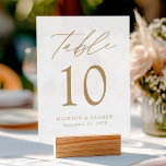 Modern Elegant Gold Script Wedding Table Number Acrylic Sign<br><div class="desc">Trendy,  minimalist wedding table number cards featuring "Table" displayed in a gold calligraphy script with a transparent acrylic background. To order the acrylic table card sign: add your name,  wedding date,  and table number. Add each number to your cart individually and checkout when you're finished.</div>